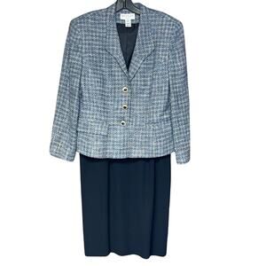 Saville 2-piece suit blazer skirt blue tweed look business professional size 12